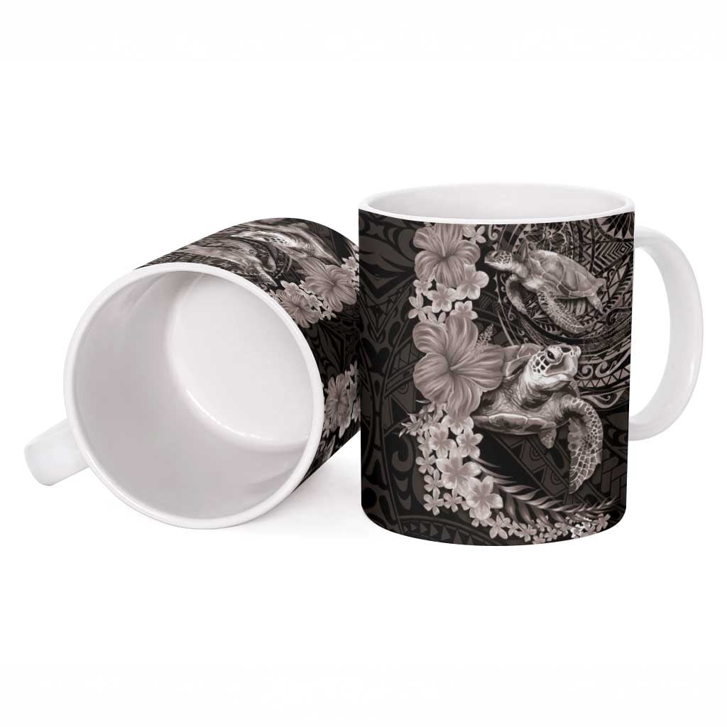 Hawaiian Plumeria and Hibiscus with Turtles Ceramic Mug Polynesian Art Grayscale LT03 - Polynesian Pride