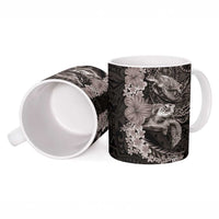 Hawaiian Plumeria and Hibiscus with Turtles Ceramic Mug Polynesian Art Grayscale LT03 - Polynesian Pride