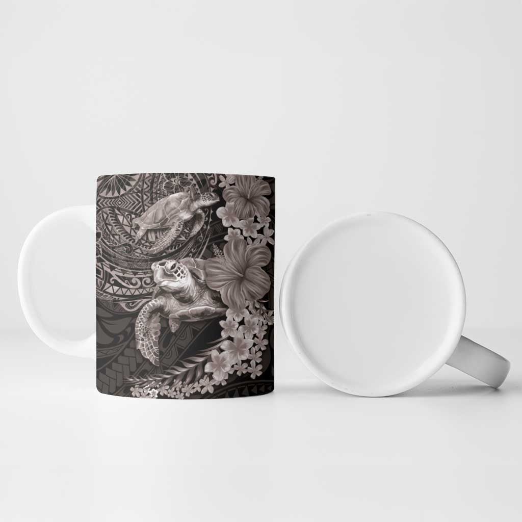 Hawaiian Plumeria and Hibiscus with Turtles Ceramic Mug Polynesian Art Grayscale LT03 - Polynesian Pride