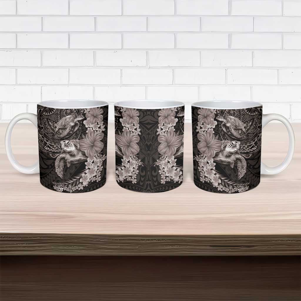 Hawaiian Plumeria and Hibiscus with Turtles Ceramic Mug Polynesian Art Grayscale LT03 - Polynesian Pride
