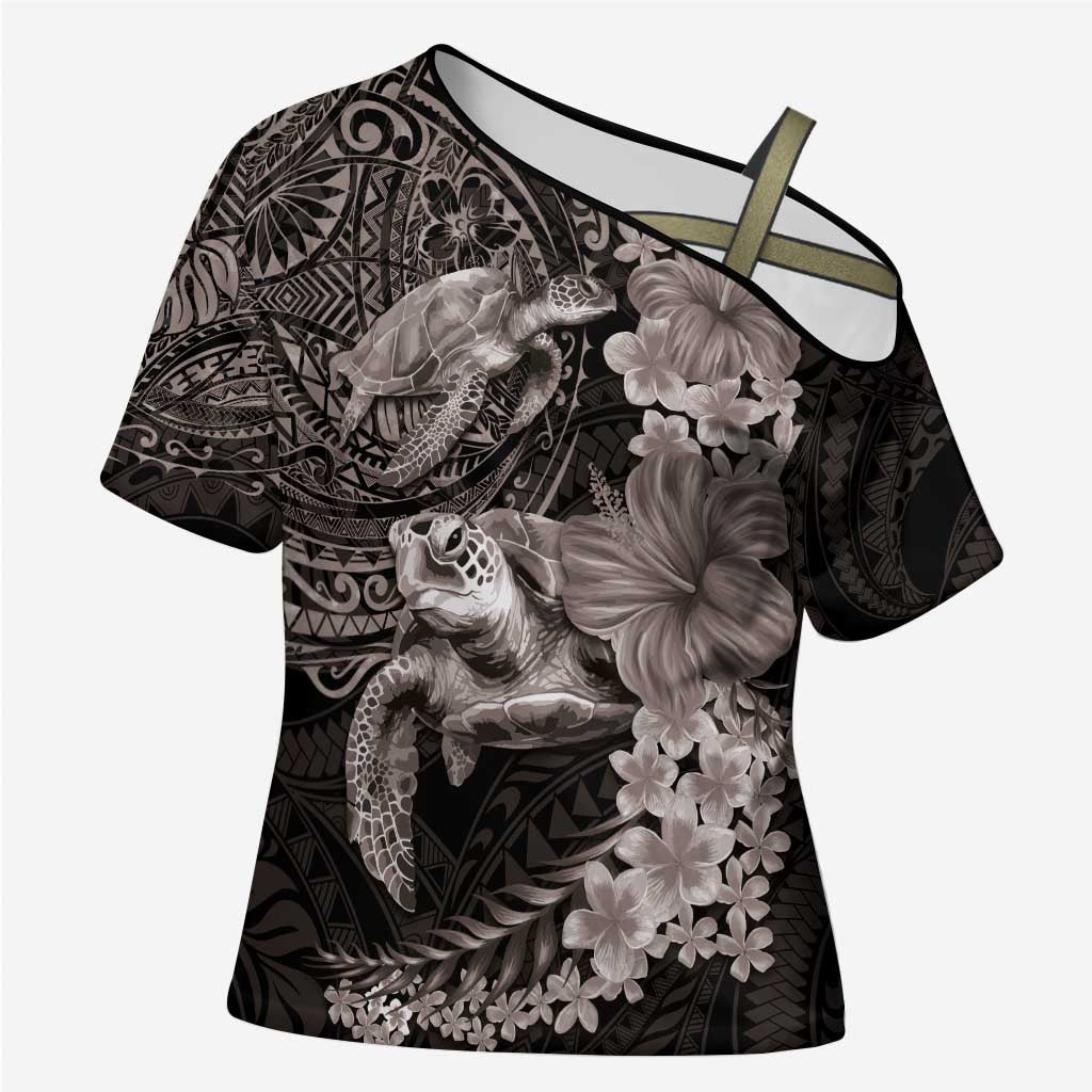Hawaiian Plumeria and Hibiscus with Turtles Cross Shoulder Shirt Polynesian Art Grayscale LT03 Female Black - Polynesian Pride