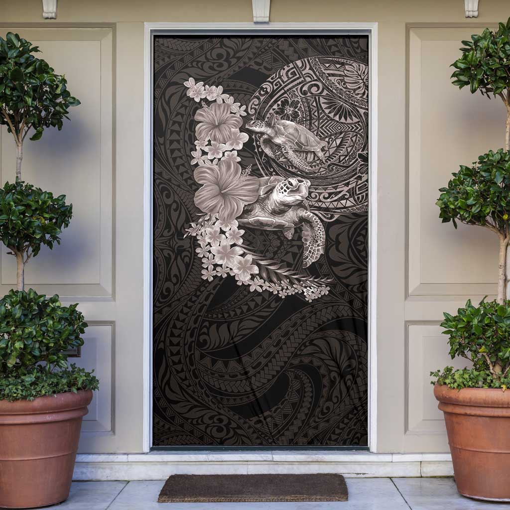 Hawaiian Plumeria and Hibiscus with Turtles Door Cover Polynesian Art Grayscale LT03 Black - Polynesian Pride