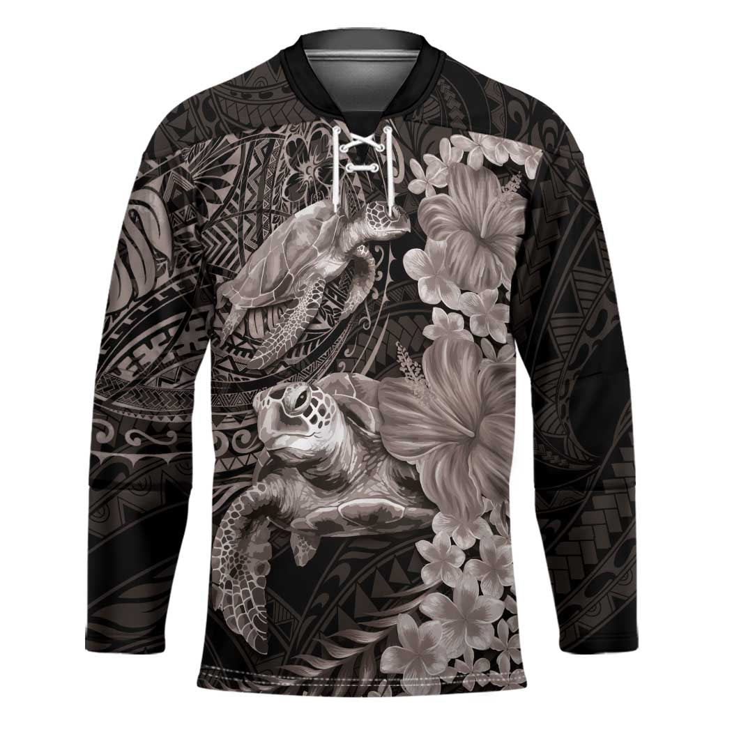 Hawaiian Plumeria and Hibiscus with Turtles Hockey Jersey Polynesian Art Grayscale LT03 Unisex Black - Polynesian Pride