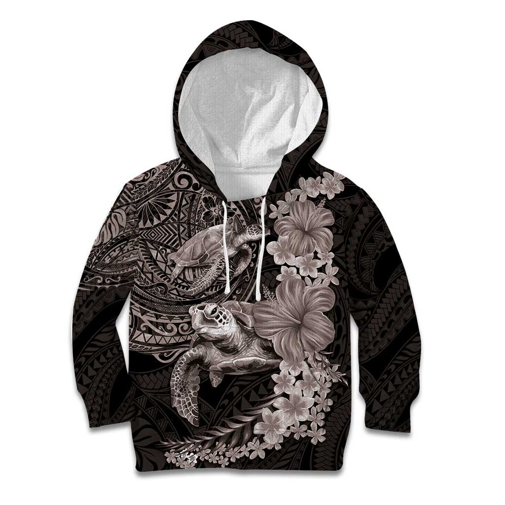 Hawaiian Plumeria and Hibiscus with Turtles Kid Hoodie Polynesian Art Grayscale LT03 Hoodie Black - Polynesian Pride