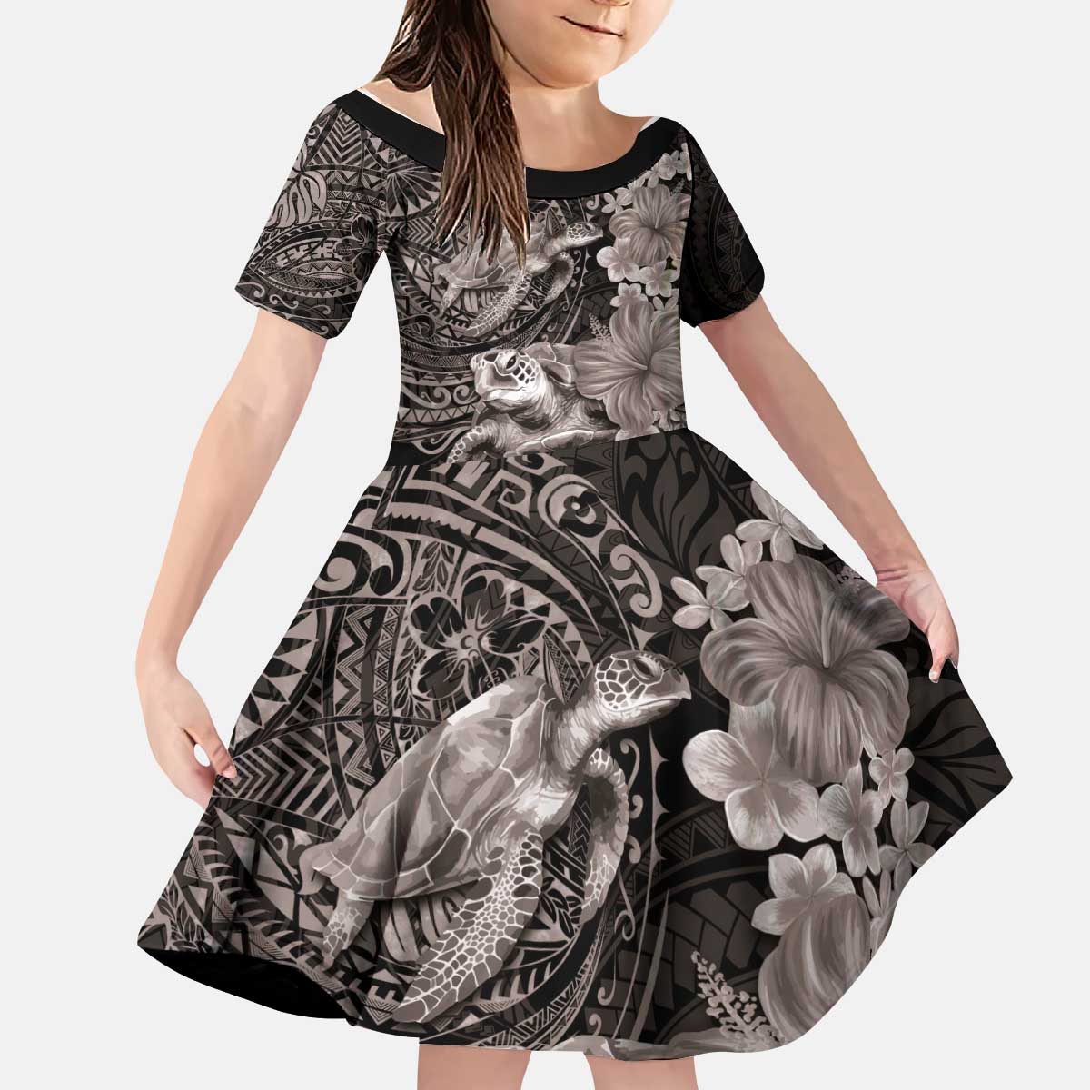Hawaiian Plumeria and Hibiscus with Turtles Kid Short Sleeve Dress Polynesian Art Grayscale LT03 KID Black - Polynesian Pride
