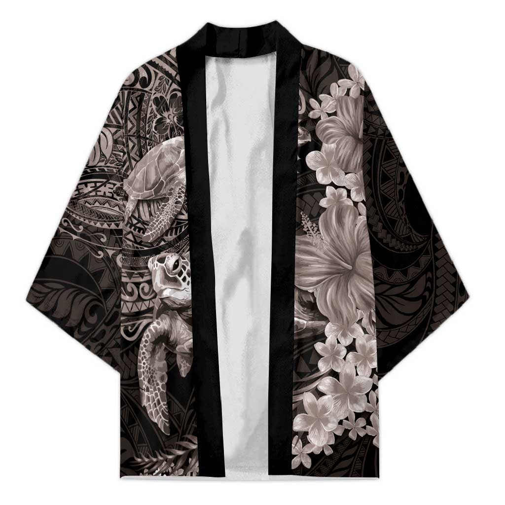 Hawaiian Plumeria and Hibiscus with Turtles Kimono Polynesian Art Grayscale LT03 Unisex Black - Polynesian Pride