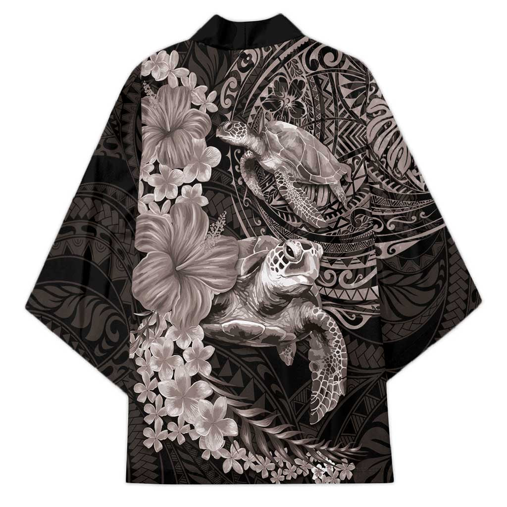 Hawaiian Plumeria and Hibiscus with Turtles Kimono Polynesian Art Grayscale LT03 - Polynesian Pride