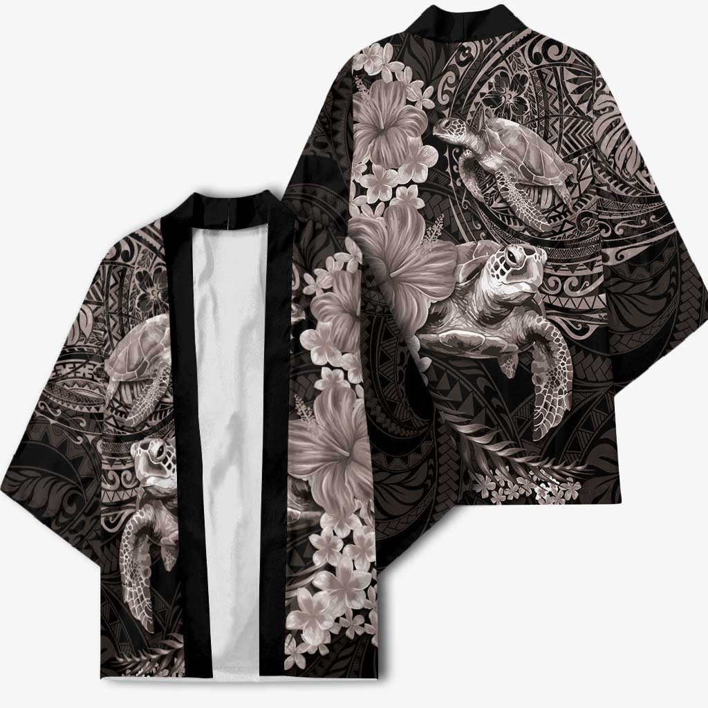 Hawaiian Plumeria and Hibiscus with Turtles Kimono Polynesian Art Grayscale LT03 - Polynesian Pride