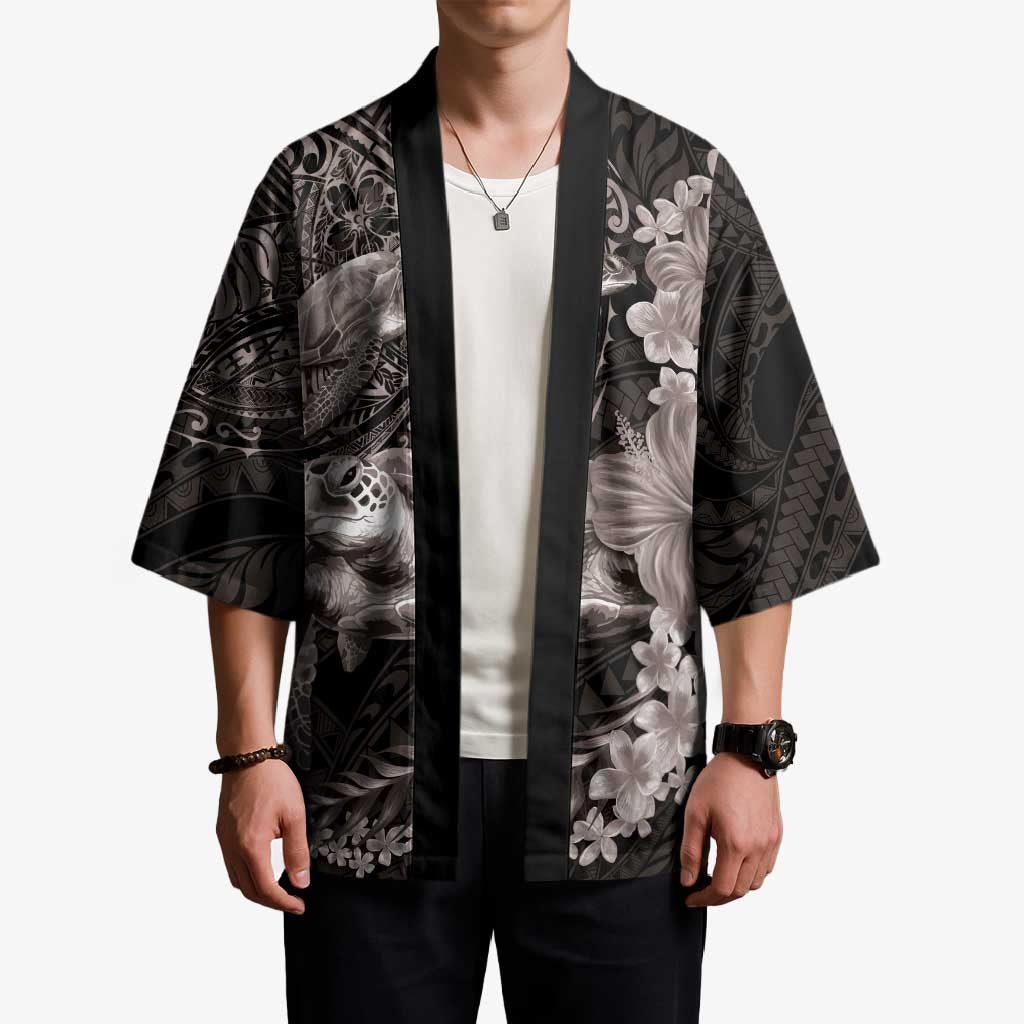 Hawaiian Plumeria and Hibiscus with Turtles Kimono Polynesian Art Grayscale LT03 - Polynesian Pride