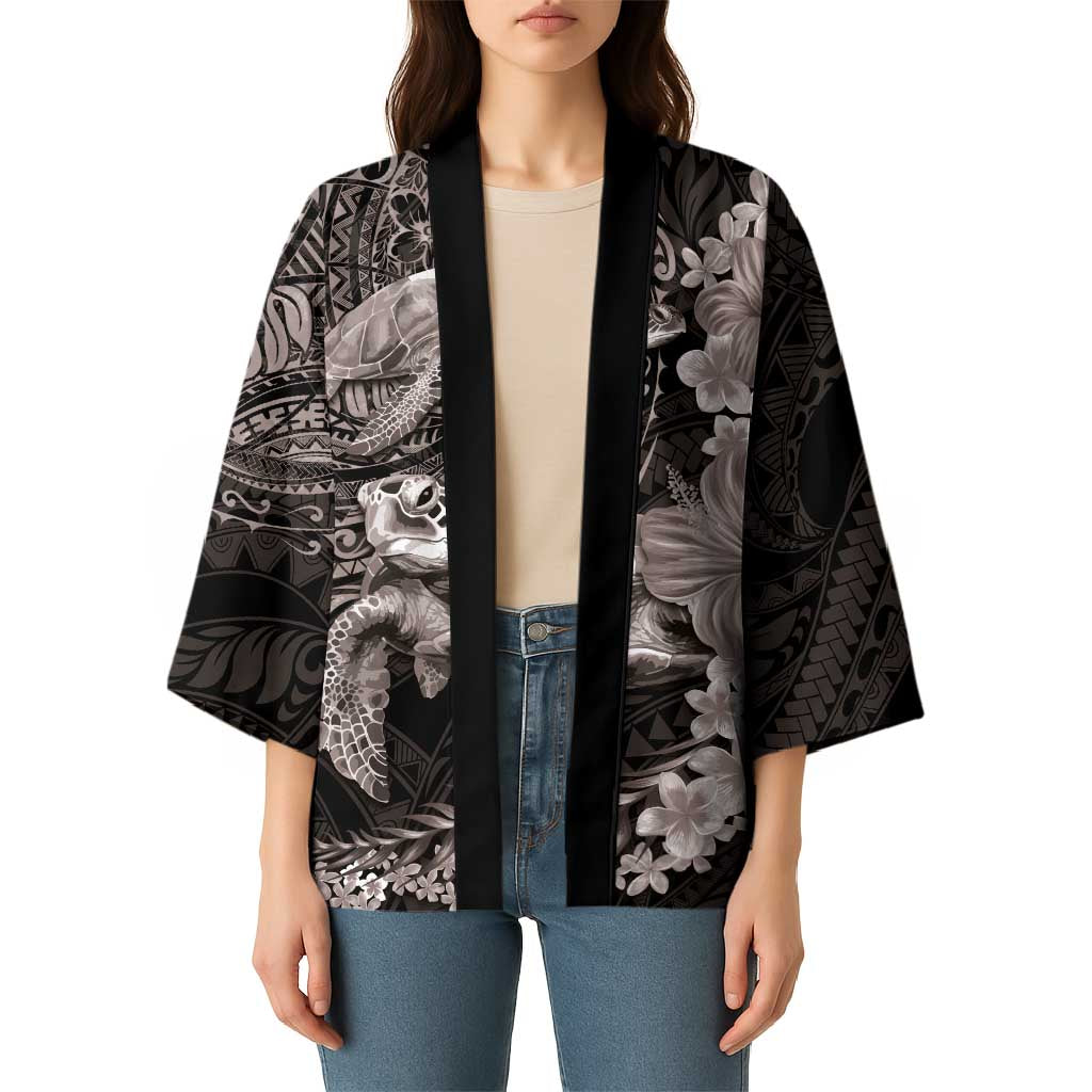 Hawaiian Plumeria and Hibiscus with Turtles Kimono Polynesian Art Grayscale LT03 - Polynesian Pride