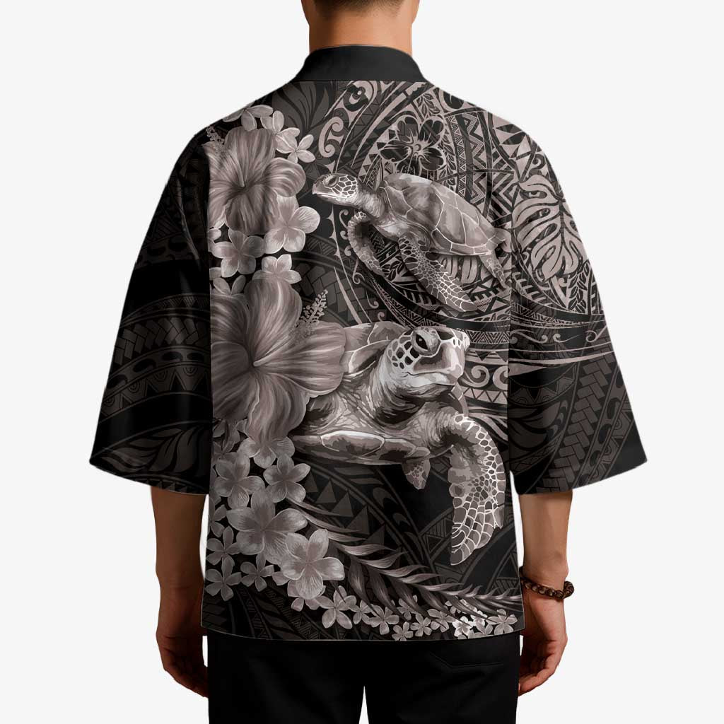 Hawaiian Plumeria and Hibiscus with Turtles Kimono Polynesian Art Grayscale LT03 - Polynesian Pride