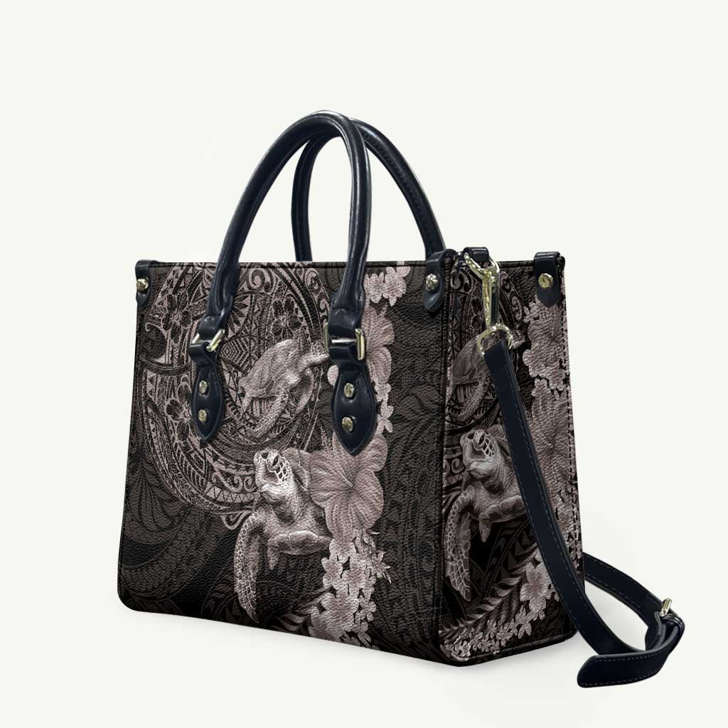 Hawaiian Plumeria and Hibiscus with Turtles Leather Bag Polynesian Art Grayscale LT03 Black - Polynesian Pride