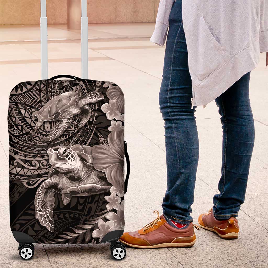 Hawaiian Plumeria and Hibiscus with Turtles Luggage Cover Polynesian Art Grayscale LT03 Black - Polynesian Pride