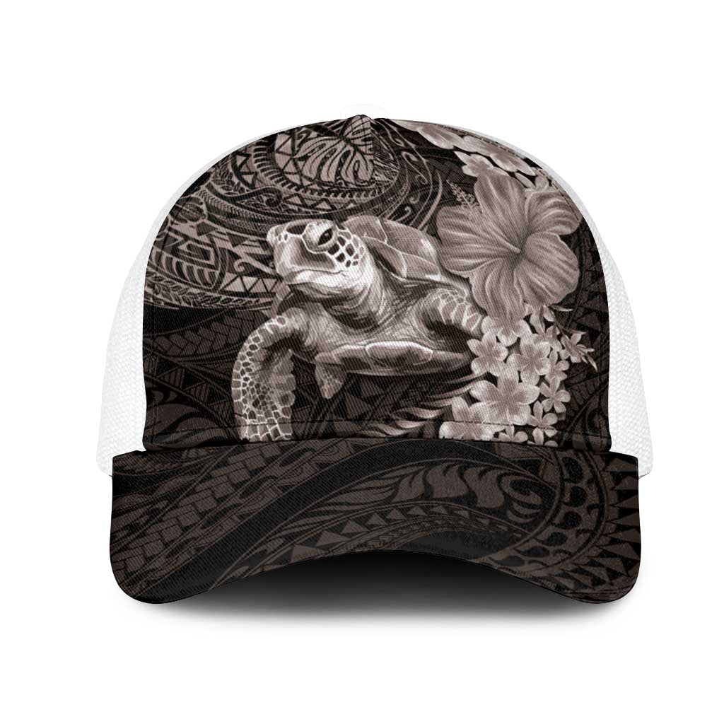Hawaiian Plumeria and Hibiscus with Turtles Mesh Trucker Cap Polynesian Art Grayscale LT03 One Size White Black - Polynesian Pride
