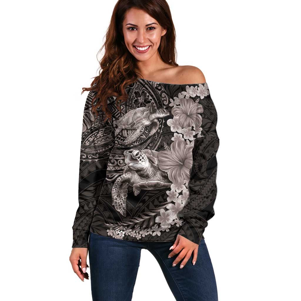 Hawaiian Plumeria and Hibiscus with Turtles Off Shoulder Sweater Polynesian Art Grayscale LT03 Women Black - Polynesian Pride