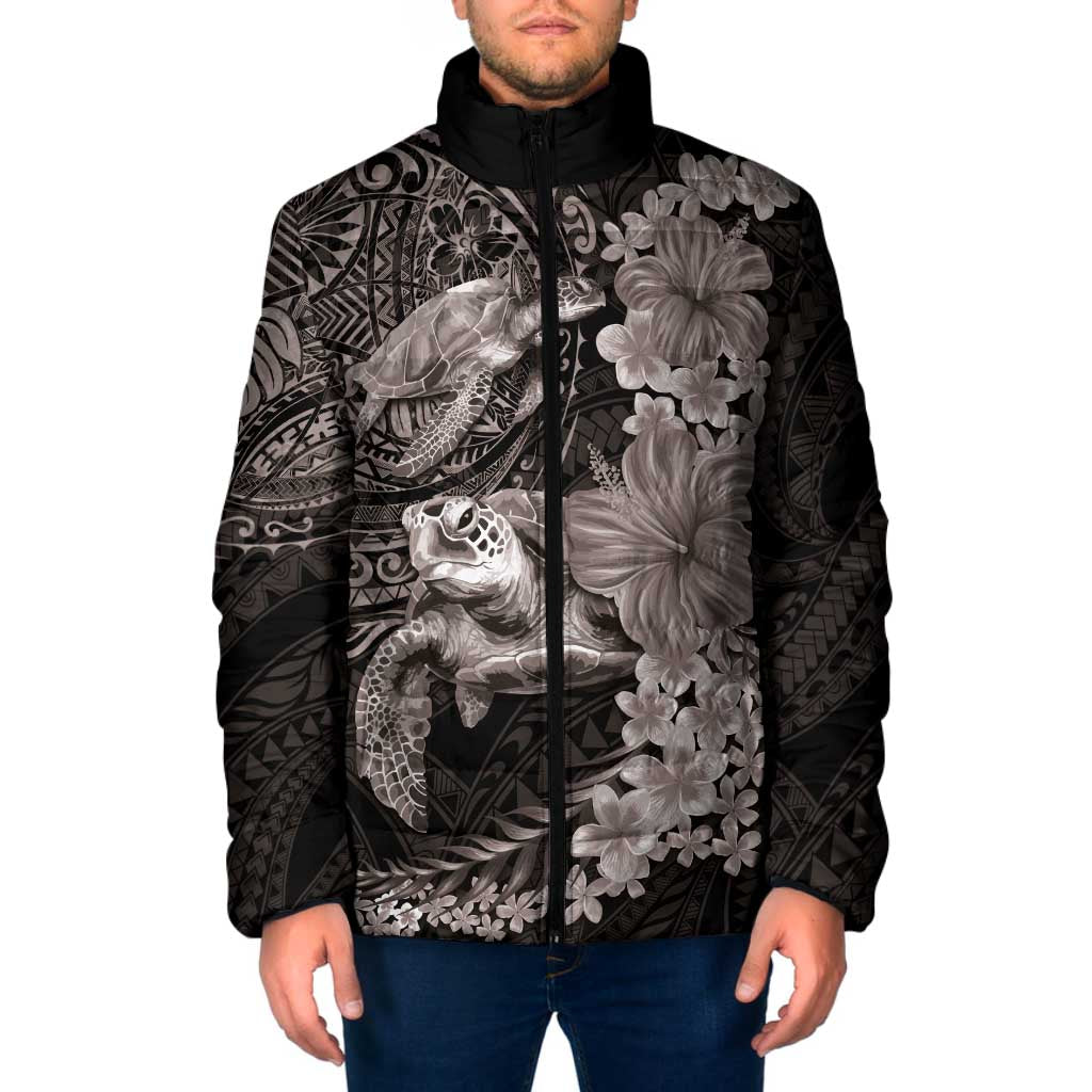 Hawaiian Plumeria and Hibiscus with Turtles Padded Jacket Polynesian Art Grayscale LT03 Men Black - Polynesian Pride