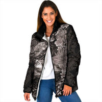 Hawaiian Plumeria and Hibiscus with Turtles Padded Jacket Polynesian Art Grayscale LT03 Women Black - Polynesian Pride