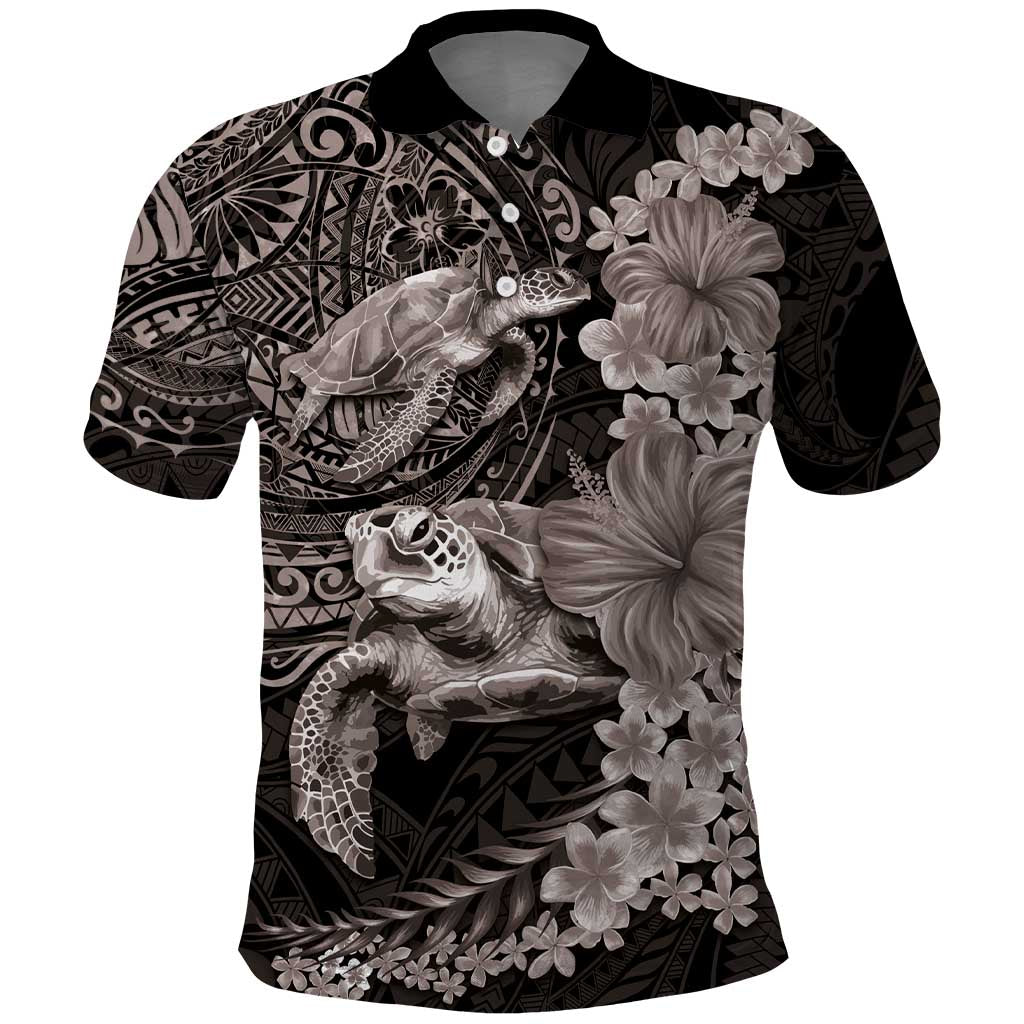 Hawaiian Plumeria and Hibiscus with Turtles Polo Shirt Polynesian Art Grayscale LT03 Black - Polynesian Pride