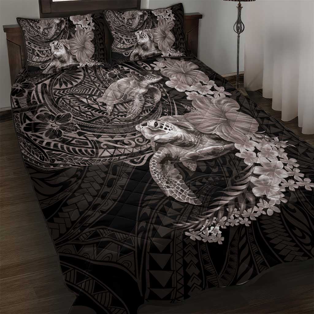 Hawaiian Plumeria and Hibiscus with Turtles Quilt Bed Set Polynesian Art Grayscale LT03 Black - Polynesian Pride