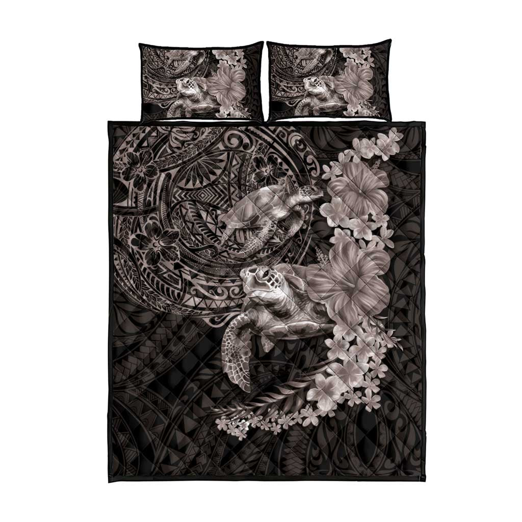 Hawaiian Plumeria and Hibiscus with Turtles Quilt Bed Set Polynesian Art Grayscale LT03 - Polynesian Pride