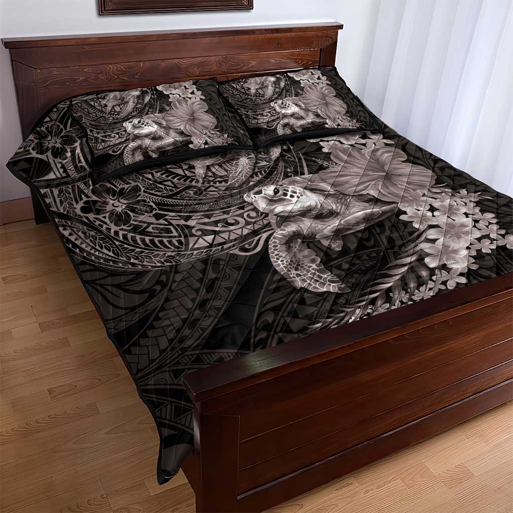 Hawaiian Plumeria and Hibiscus with Turtles Quilt Bed Set Polynesian Art Grayscale LT03 - Polynesian Pride