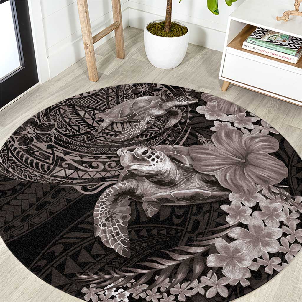 Hawaiian Plumeria and Hibiscus with Turtles Round Carpet Polynesian Art Grayscale LT03 Black - Polynesian Pride