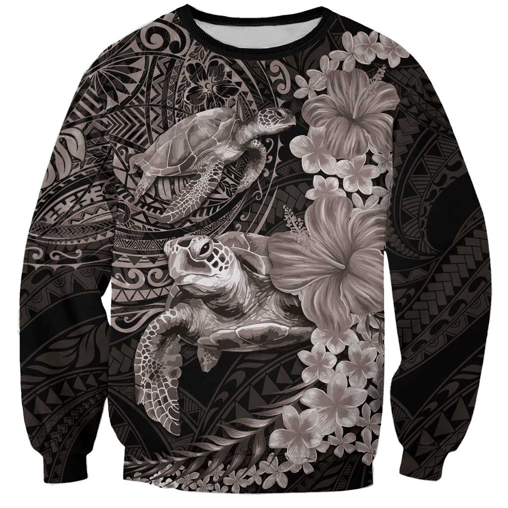 Hawaiian Plumeria and Hibiscus with Turtles Sweatshirt Polynesian Art Grayscale LT03 Unisex Black - Polynesian Pride