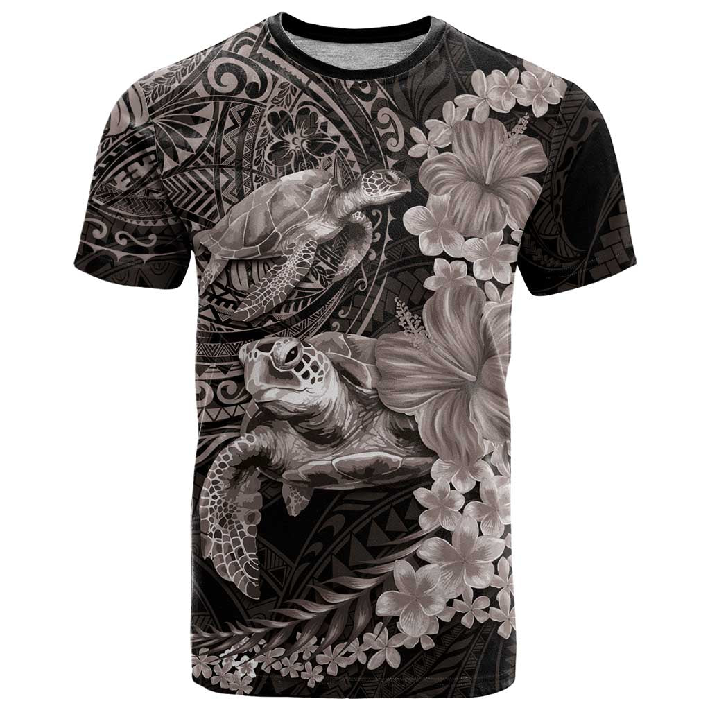 Hawaiian Plumeria and Hibiscus with Turtles T Shirt Polynesian Art Grayscale LT03 Black - Polynesian Pride