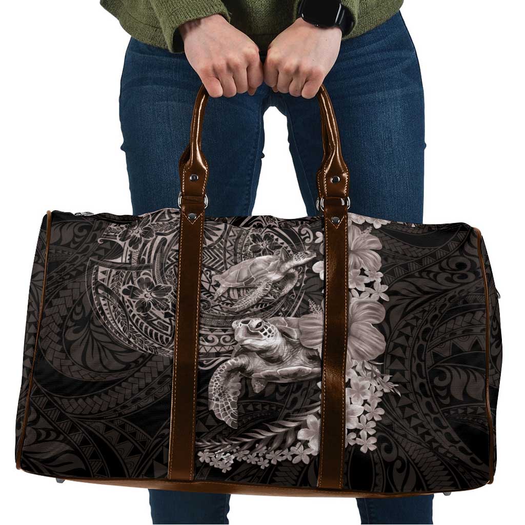 Hawaiian Plumeria and Hibiscus with Turtles Travel Bag Polynesian Art Grayscale LT03 Black - Polynesian Pride