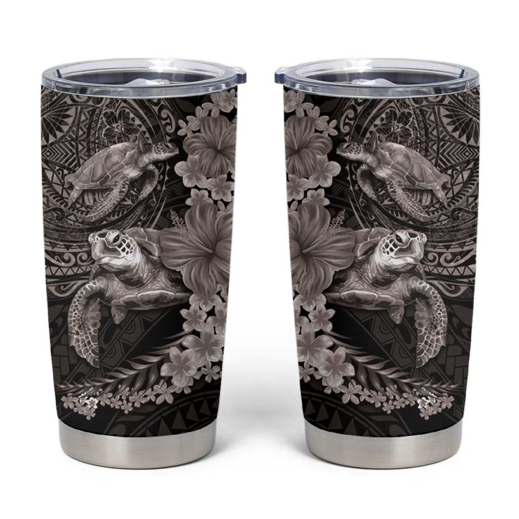 Hawaiian Plumeria and Hibiscus with Turtles Tumbler Cup Polynesian Art Grayscale LT03 Black - Polynesian Pride