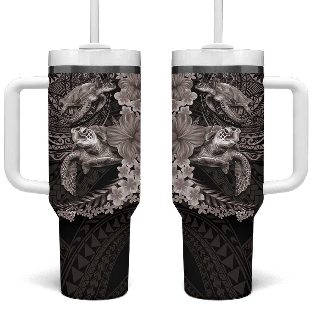 Hawaiian Plumeria and Hibiscus with Turtles Tumbler With Handle Polynesian Art Grayscale LT03 One Size: 40 oz Black - Polynesian Pride