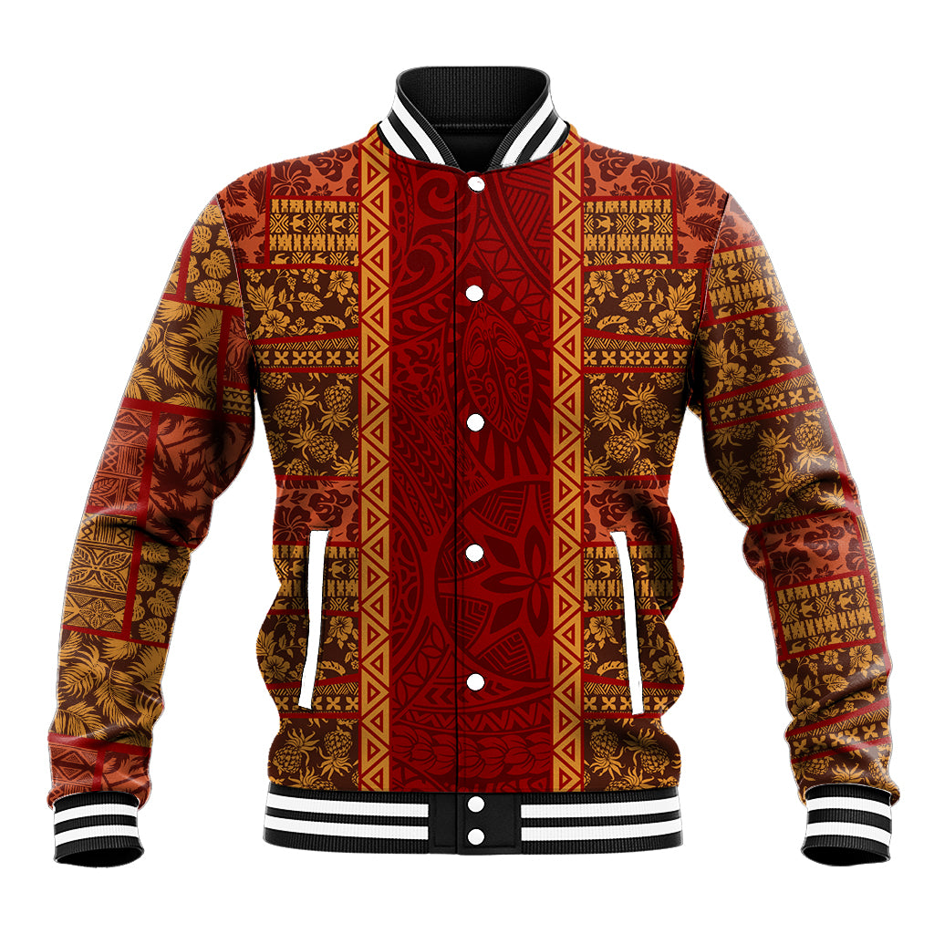 Hawaii Style Hibiscus and Tribal Element Fabric Patchwork Baseball Jacket LT03 Unisex Red - Polynesian Pride