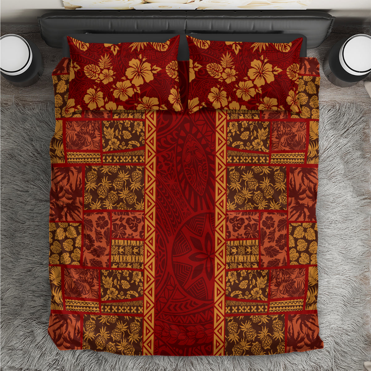 Hawaii Style Hibiscus and Tribal Element Fabric Patchwork Bedding Set LT03 Red - Polynesian Pride