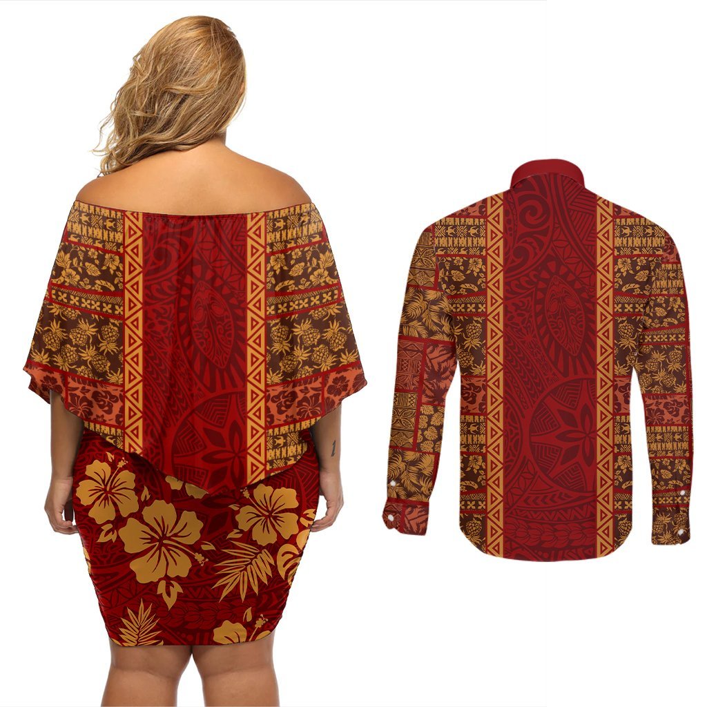 Hawaii Style Hibiscus and Tribal Element Fabric Patchwork Couples Matching Off Shoulder Short Dress and Long Sleeve Button Shirt LT03 - Polynesian Pride