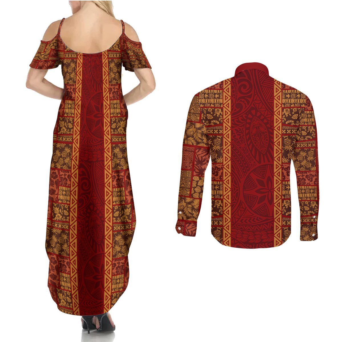 Hawaii Style Hibiscus and Tribal Element Fabric Patchwork Couples Matching Summer Maxi Dress and Long Sleeve Button Shirt LT03 - Polynesian Pride