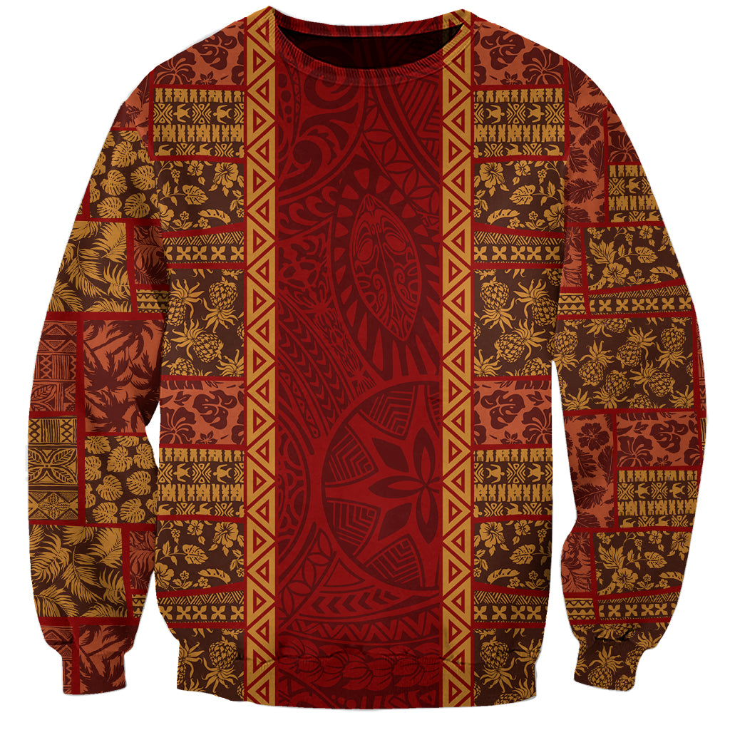 Hawaii Style Hibiscus and Tribal Element Fabric Patchwork Sweatshirt LT03 Unisex Red - Polynesian Pride