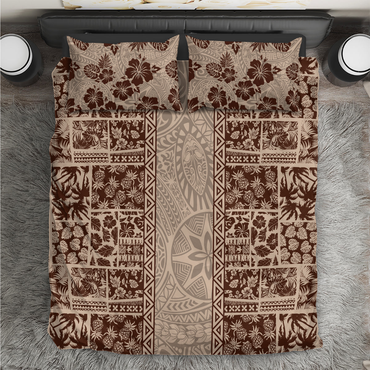 Hawaii Style Hibiscus and Tribal Element Fabric Patchwork Bedding Set Beige Version LT03 Beige - Polynesian Pride