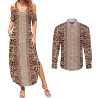 Hawaii Style Hibiscus and Tribal Element Fabric Patchwork Couples Matching Summer Maxi Dress and Long Sleeve Button Shirt Beige Version LT03 Beige - Polynesian Pride