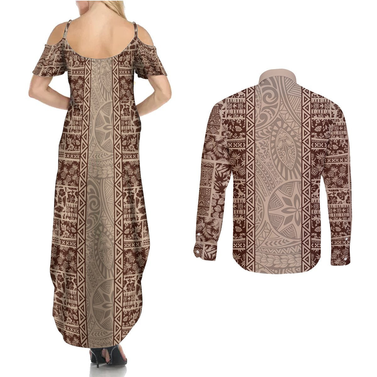 Hawaii Style Hibiscus and Tribal Element Fabric Patchwork Couples Matching Summer Maxi Dress and Long Sleeve Button Shirt Beige Version LT03 - Polynesian Pride