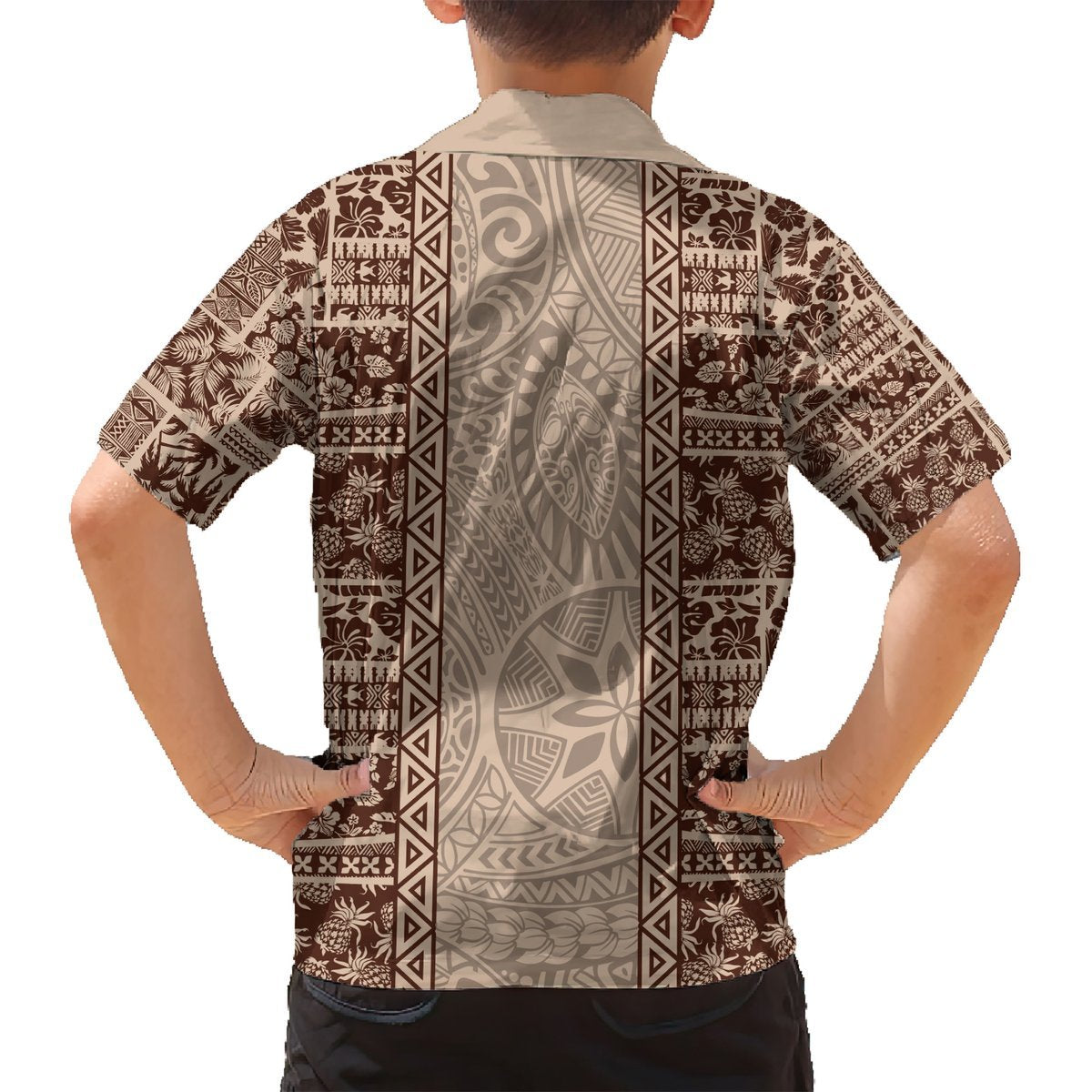 Hawaii Style Hibiscus and Tribal Element Fabric Patchwork Hawaiian Shirt Beige Version LT03 - Polynesian Pride