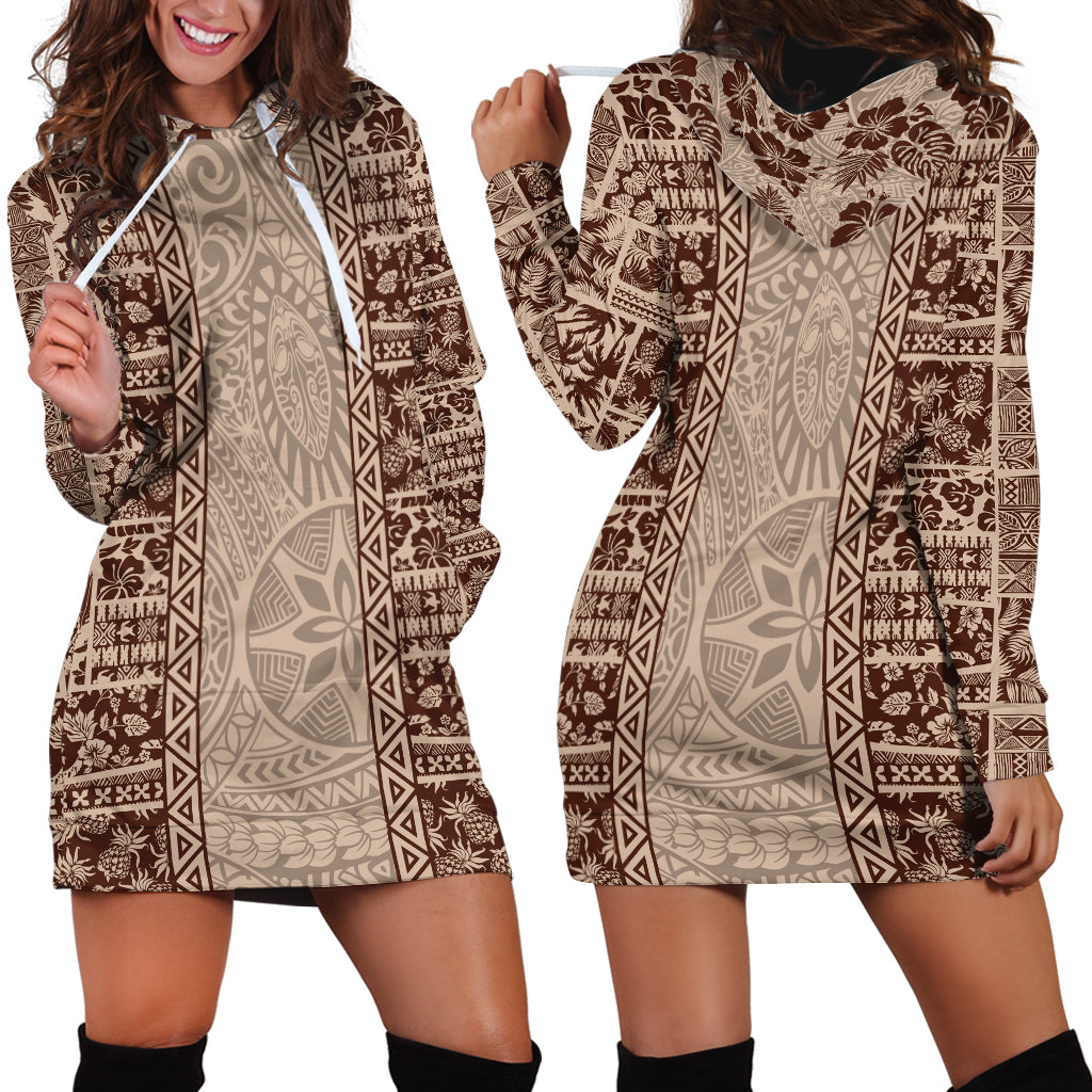 Hawaii Style Hibiscus and Tribal Element Fabric Patchwork Hoodie Dress Beige Version LT03 - Polynesian Pride