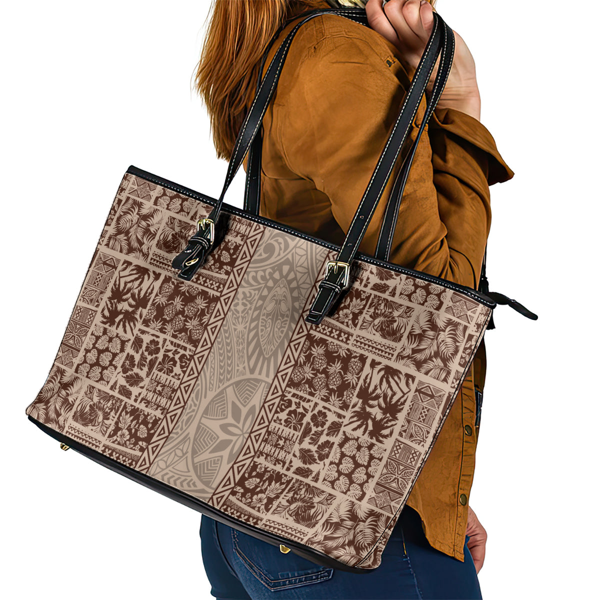 Hawaii Style Hibiscus and Tribal Element Fabric Patchwork Leather Tote Bag Beige Version LT03 - Polynesian Pride