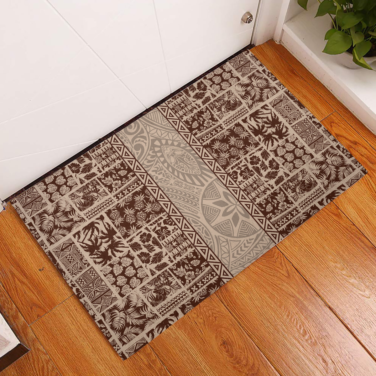 Hawaii Style Hibiscus and Tribal Element Fabric Patchwork Rubber Doormat Beige Version LT03 Beige - Polynesian Pride