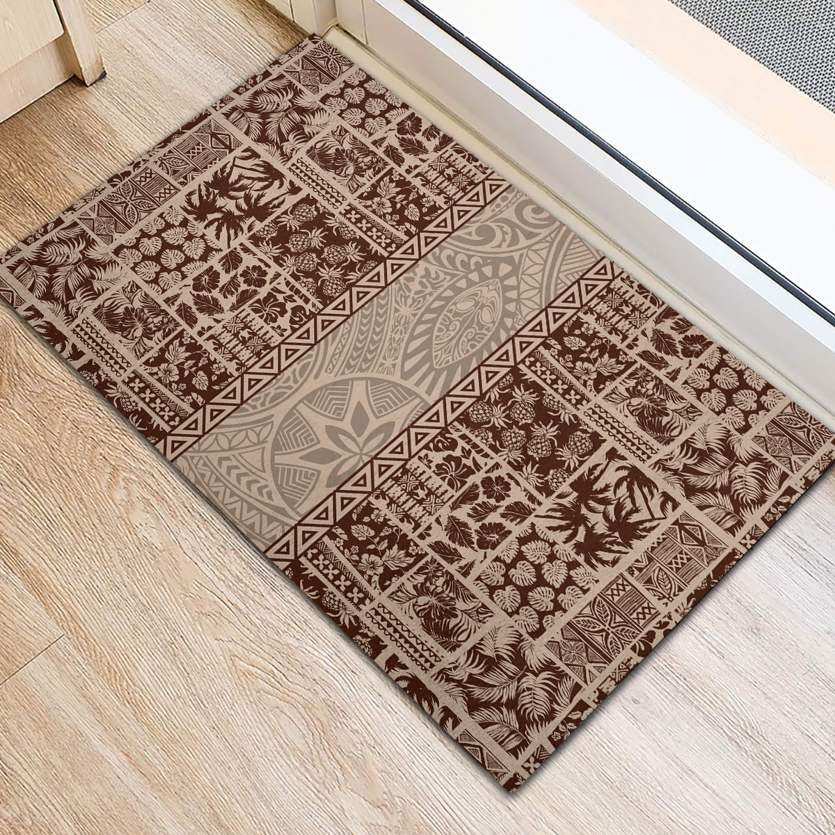 Hawaii Style Hibiscus and Tribal Element Fabric Patchwork Rubber Doormat Beige Version LT03 - Polynesian Pride