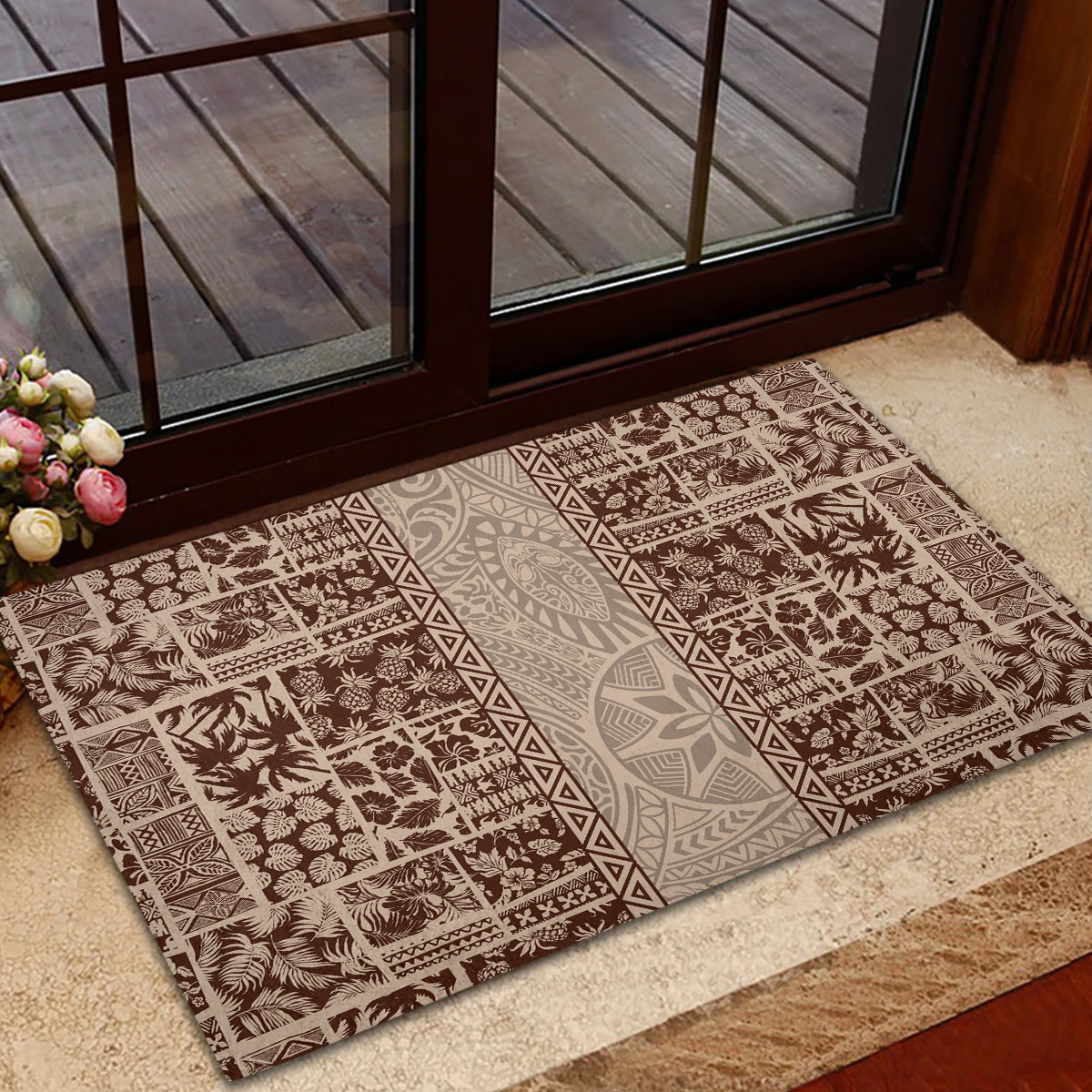 Hawaii Style Hibiscus and Tribal Element Fabric Patchwork Rubber Doormat Beige Version LT03 - Polynesian Pride