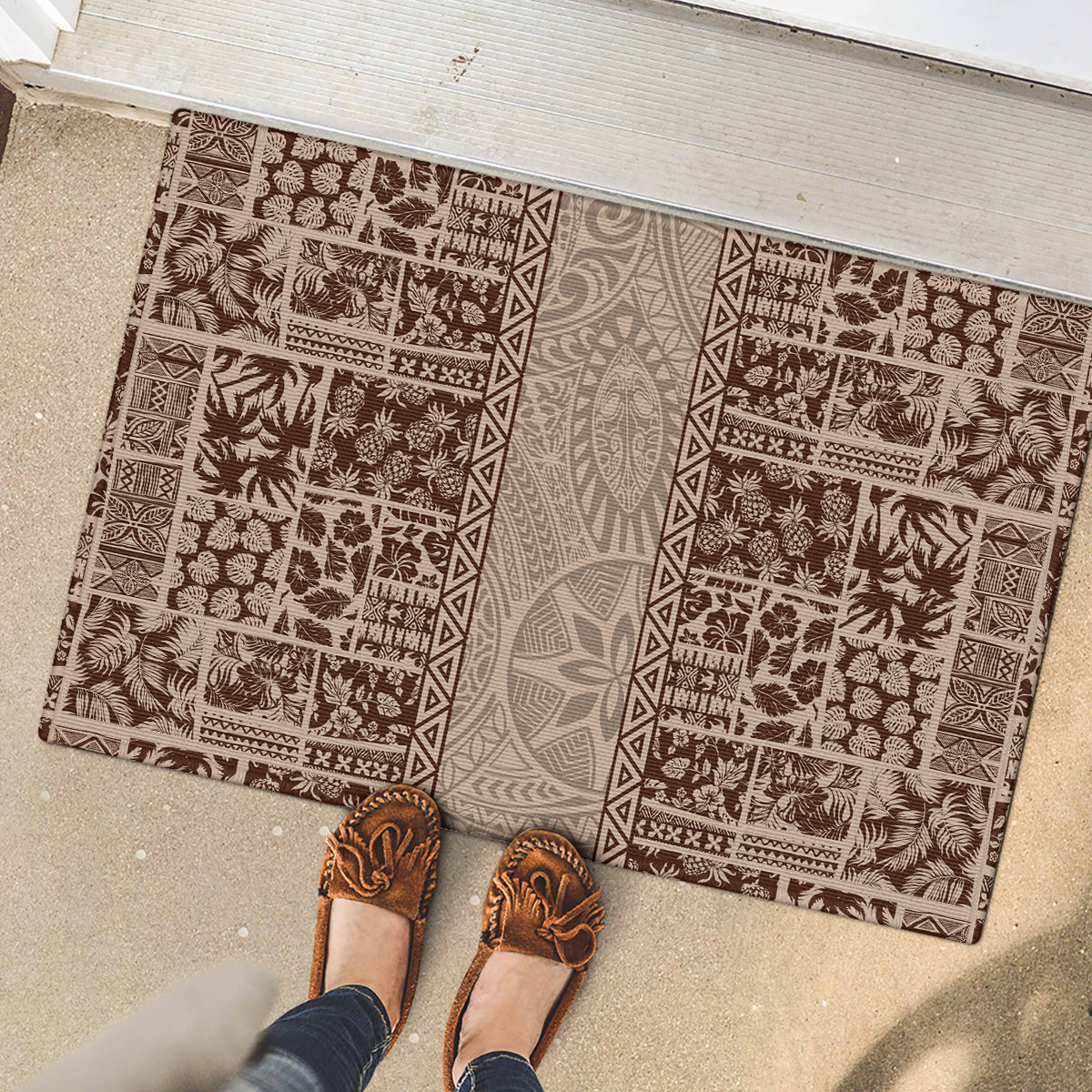 Hawaii Style Hibiscus and Tribal Element Fabric Patchwork Rubber Doormat Beige Version LT03 - Polynesian Pride