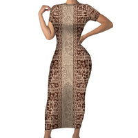 Hawaii Style Hibiscus and Tribal Element Fabric Patchwork Short Sleeve Bodycon Dress Beige Version LT03 Long Dress Beige - Polynesian Pride