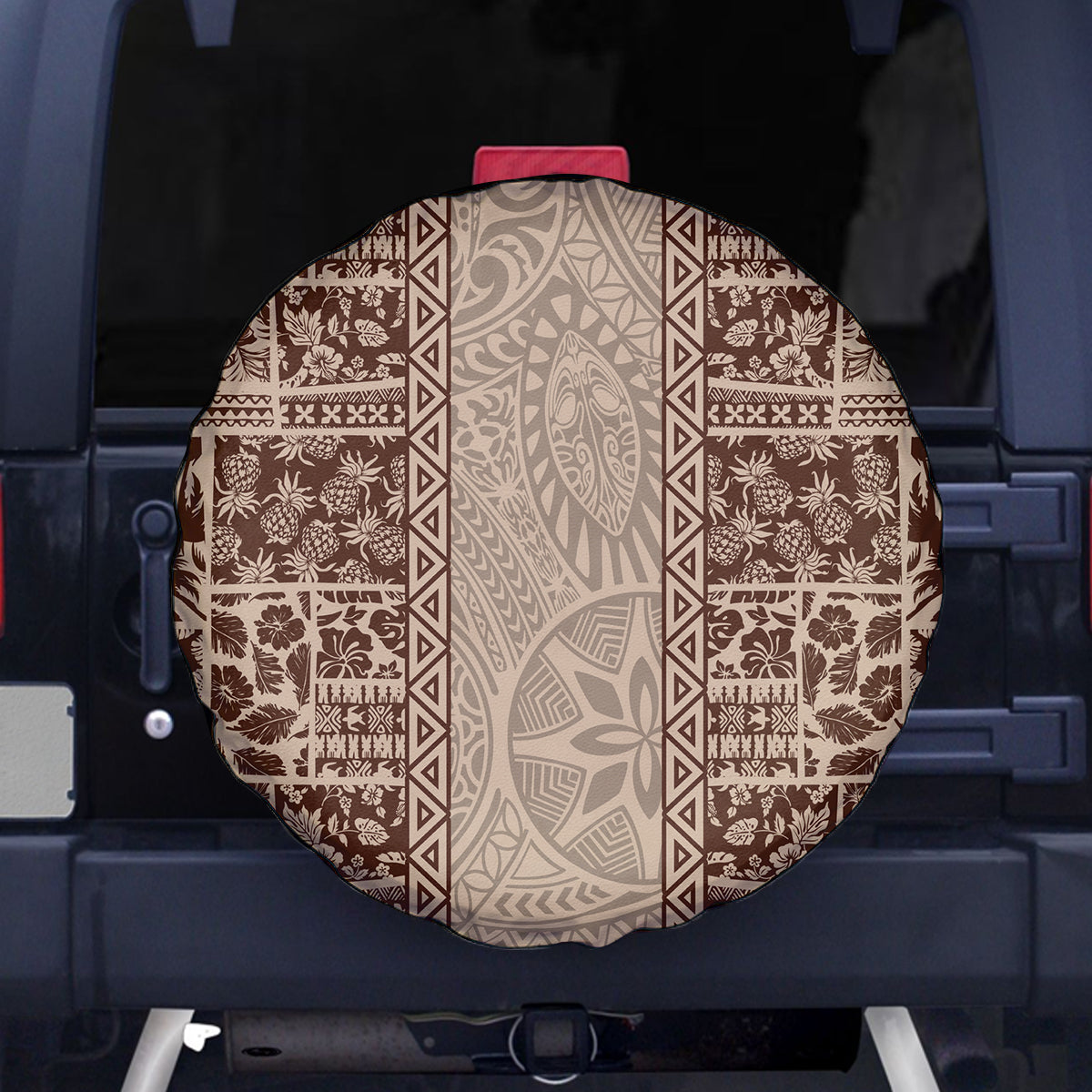 Hawaii Style Hibiscus and Tribal Element Fabric Patchwork Spare Tire Cover Beige Version LT03 Beige - Polynesian Pride