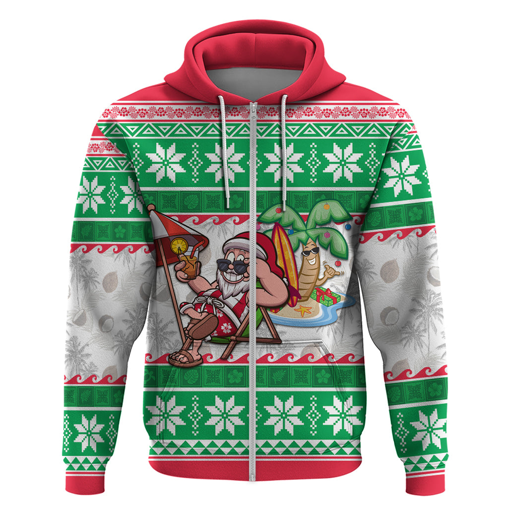 Custom Hawaii Mele Kalikimaka Hoodie Aloha Santa and Palm Tree Mix Kakau Pattern LT03 Zip Hoodie Green - Polynesian Pride