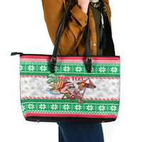 Custom Hawaii Mele Kalikimaka Leather Tote Bag Aloha Santa and Palm Tree Mix Kakau Pattern LT03 - Polynesian Pride